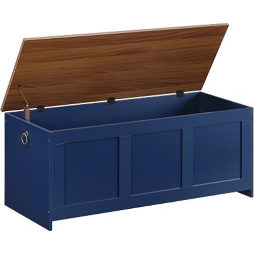 HOOBRO Storage Bench, 39.3" Retro Wooden Storage Chest, Wooden Storage Trunk, Toy Chest with Lift Top, Multifunctional Entryway Organizer, for Entryway, Living Room, Blue and Walnut UH141CW01G1