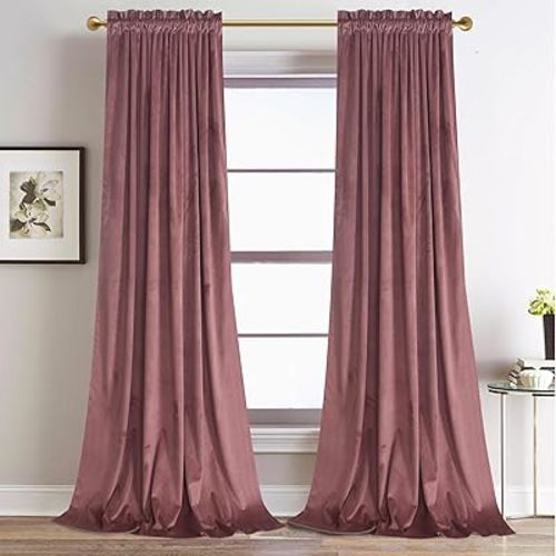 Roslynwood Velvet Dusty Rose Curtain 108 inch Long - Curtains Block Light Rod Pocket Thermal Insulated Window Drapes Set for Living Room/Bedroom/Dining Room, W52 x L108, 2 Panels