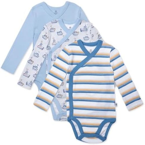 HonestBaby Baby 3-pack Long Sleeve Side-snap Kimono Bodysuits Organic Cotton for Infant Baby Boys, Girls, Unisex