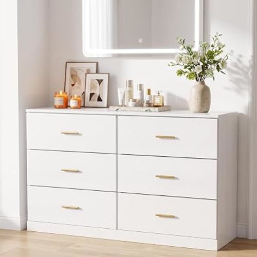 Modern White 6 Drawer Dresser with Gold Handles, 47" Chest of Drawers for Bedroom, Kids Room & Nursery, Wooden Storage Dresser for Girls Bedroom-1pc