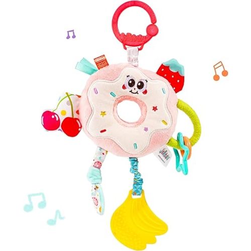 Jollybaby Baby Pull Vibration Toy - Tummy Time Sensory Hanging Toys for Car Seat, Stroller, Crib & Play Gym, with Babies Rattles & Teether, Airplane Travel Toys for Toddlers Gift - Donut