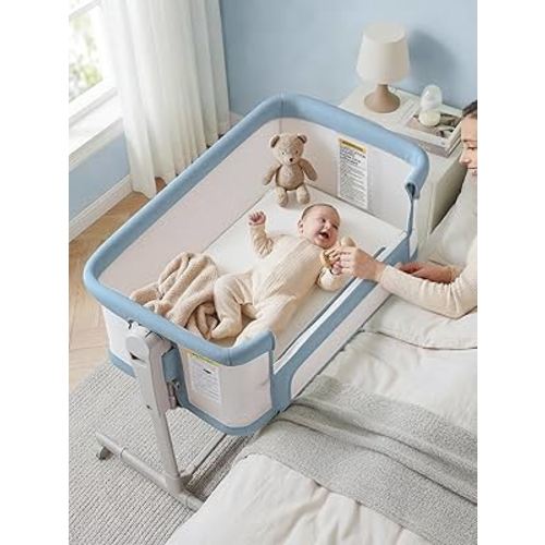 Baby Bassinet Bedside Sleeper 3-in-1, Easy Night Feeding with One-Side Fold & Rolling Wheels, Breathable Mesh, 6-Height Adjustable, Soft Mattress for Newborns