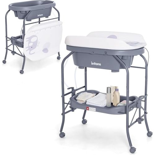 INFANS 2 in 1 Baby Changing Table with Bath Tub Unit, Folding Diaper Dresser Station with Wheels Waterproof Pad Storage Rack, Portable Nursery Organizer Stand for Newborn Infant (Light Grey)