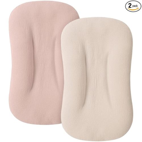 Muslin Baby Lounger Cover for Newborn & Infant, 100% Cotton Soft and Breathable Lounger Slipcover for Baby Girls and Boys, Pack of 2 (Pink, Ivory)
