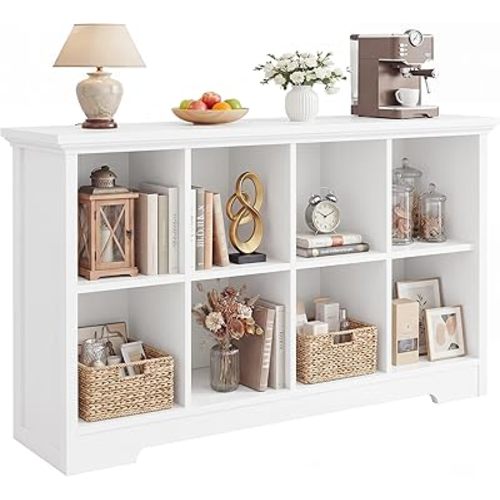 Aheaplus Wooden 8-Cube Storage Organizer with Charging Ports, Modern Cube Bookcase with Base, 3-Tier Floor Standing Open Cubbies Bookshelf, Cubicle Display Shelf for Home and Office, White