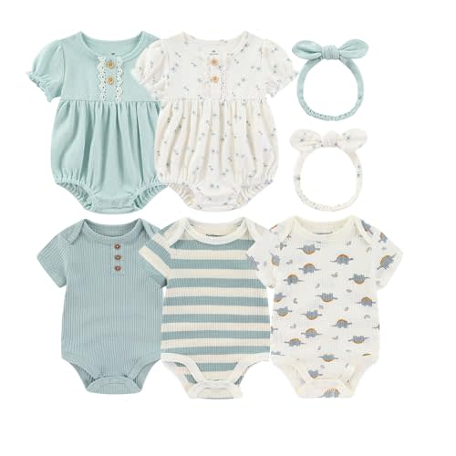 Baby Girls Boys Short Sleeve Outfit Romper With Headband Set Clothes New Born Cotton Bodysuits 5-Pack 0-12M