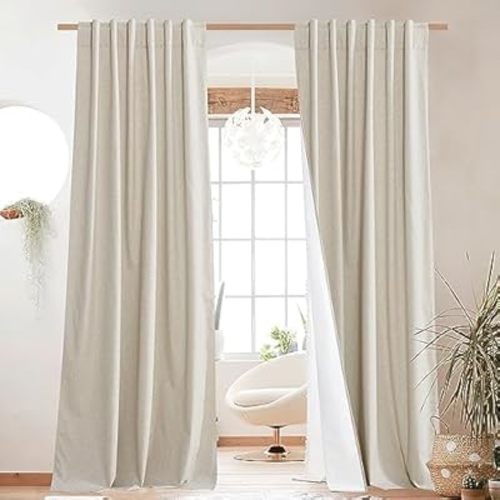 NICETOWN Natural 100% Blackout Linen Curtains 84" Long Burg, Farmhouse Thick Completely Blackout Window Treatment Panels Thermal Insulated Drapes for Living Room (1 Pair, 52" Width Each Panel)