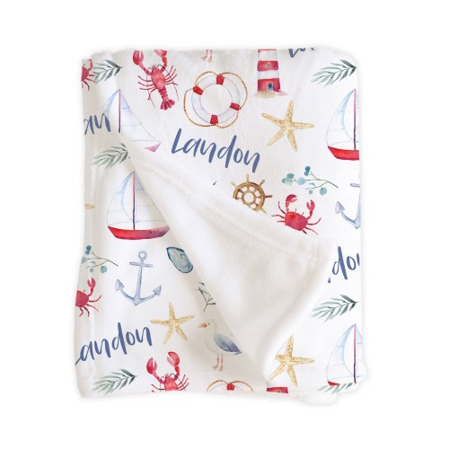 Nautical Baby Blanket, Personalized Name, Lighthouse Sailboat Anchor Crab, Newborn Infant Boy Shower Gift, Teen, Tween, Landon Collection
