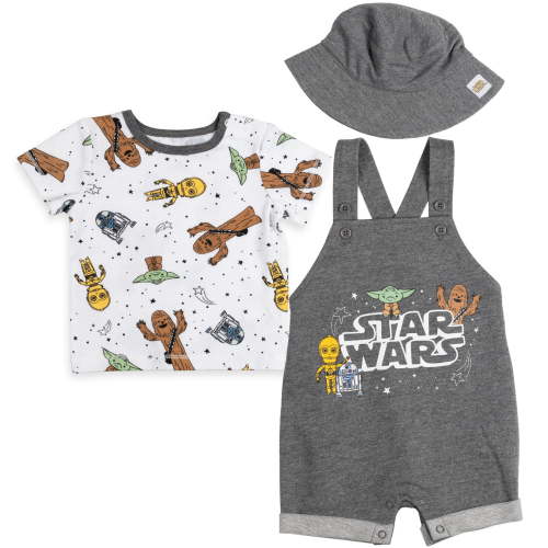 Star Wars Yoda R2-D2 Chewbacca Newborn Baby Boys French Terry Short Overalls T-Shirt and Hat 3 Piece Outfit Set Newborn to Infant