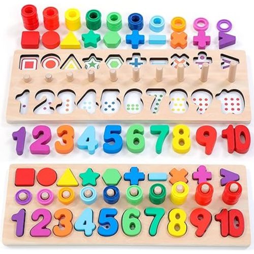 GeroCrew Wooden Montessori Toys for Kids Toddler Number Puzzles Sorter Counting Shape Stacker Stacking Game Preschool Toys for Boy Girl Learning Education Math Blocks Year Old Girl Gifts (Rainbow)