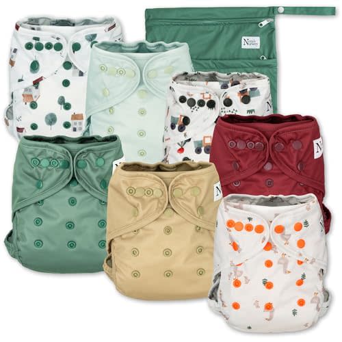Nora's Nursery Cloth Diaper Cover, Reusable Cover with Snap Closure for Flat or Fitted Inserts - 7-Pack with Wet Bag - On The Farm