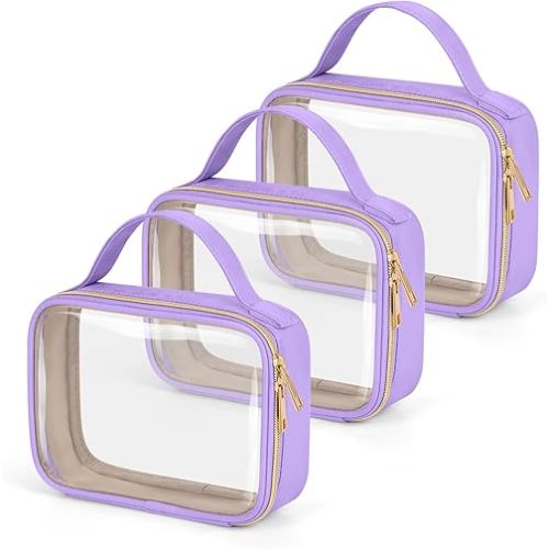 Wedama TSA Approved Toiletry Bag, 3 Pack Clear Makeup Bags with Handles, Quart Size PVC Clear Cosmetic Bags for Women and Men, Carry on Airport Airline Compliant Bag, Purple