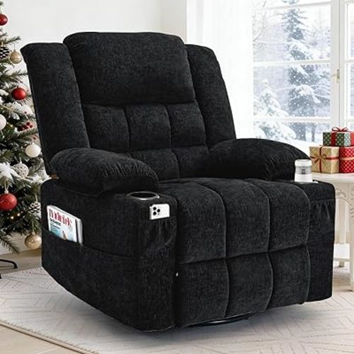 360° Swivel Adult Rocking Recliner, Nursery Glider Chair with Massage and Heating Function, Rocking Chair with Cup Holder, Manual Recliner for Living Room and Bedroom (Fabric, Black)