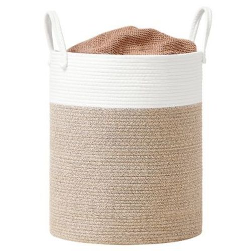 Cotton Rope Laundry Basket, 21.1 Gal Natural Fiber Hamper with Handles, for Kids' Toys Clothing Bedroom Living Room, White & Grayish Brown