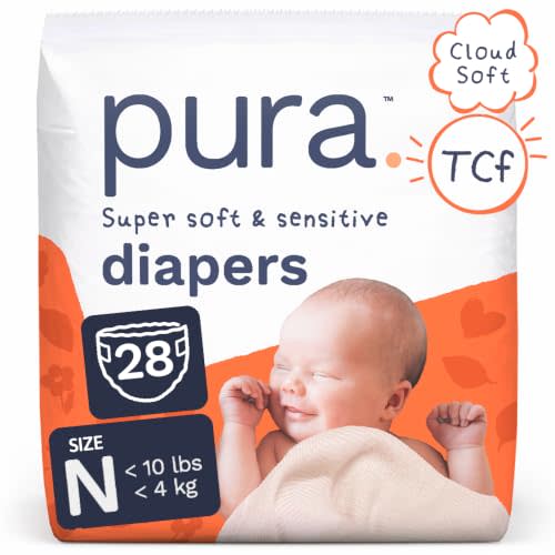 Pura Newborn Baby Diapers - Size N (Up to 10 lbs), 28 Count, Cloud Soft Disposable Diapers for Sensitive Skin, Totally Chlorine Free, Blowout Blocker & Wetness Indicator