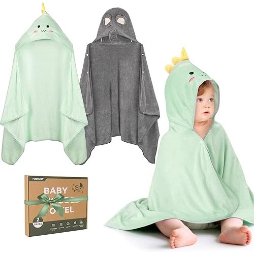 PINNORY Hooded Baby Towels - 2 Pack Extra Large 28"x 55" Soft Thick Coral Fleece Baby Bath Towels for Newborn, Toddler and Kids, Ultra Absorbent Hooded Toddler Towel with Eco Gift Box for Boys & Girls