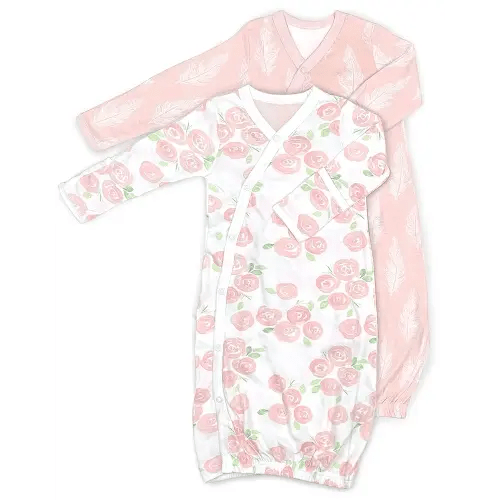 Cambria Baby 100% Organic Kimono Gowns. Side Snaps with Built in Mitts. (0-6 Months, Roses and Feathers)