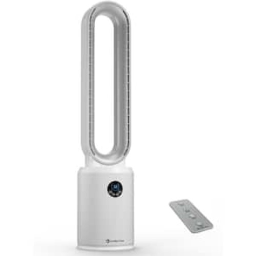 8.66 in. Diameter, 40 in. Tall 3 Speed Bladeless Tower Fan w/ Oscillation, Timer, and Remote Control in White and Silver
