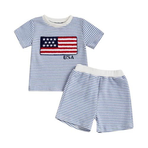 Karuedoo 4th of July Toddler Baby Boy Outfit USA Flag Embroidery Stripe Waffle Knit Short Sleeve T Shirt Tops and Shorts Set