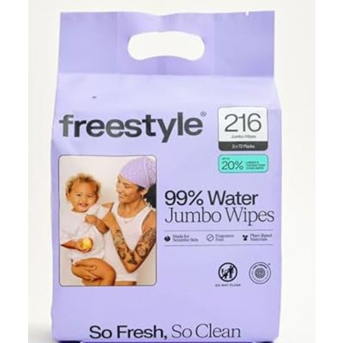 Freestyles Soft Jumbo Baby Wipes for Sensitive Skin, Unscented, 3 Flip-Top Packs ~ 216 Ct