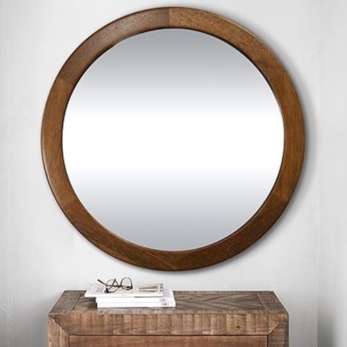 CULER Round Mirror 36 Inch,Wood Rustic Bathroom Tempered Wall Mirror with Walnut Frame,Farmhouse Wooden Vanity Circle Mirrors for Living Room,Entryway or Bedroom(Walnut Brown)