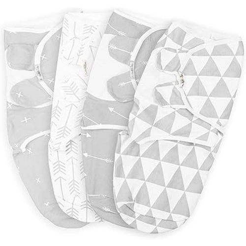 BaeBae Goods Swaddle Blanket, Adjustable Infant Baby Swaddling Wrap Set of 4, Baby Swaddling Wrap Blankets for Boys and Girls Made in Soft Cotton (Grey Triangles, 0-3 Months)