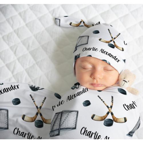 ICE HOCKEY SWADDLE Blanket, Baby Boy Personalized Hockey Blanket, Ice Hockey Baby Boy Gift, Baby Name Swaddle Blanket, Blanket Baby Hat Set