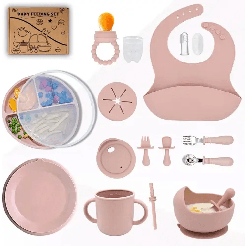 Baby Silicone Feeding Set 16PCS Baby Self Toddler Led Weaning Utensils Sets with Suction Bowl and Plate 2 Set of Baby Spoons and Forks Adjustable Bid, Sippy Cup with Straw and 2 Lids