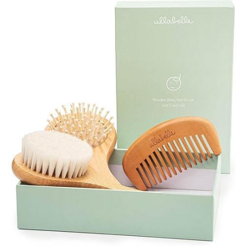Ullabelle 3 Piece Wooden Baby Hair Brush and Comb Set for Newborns & Toddlers in Chic Gift Box - Ultra Soft Natural Goat Hair and Wood Baby Brush Set Prevents Cradle Cap - Perfect Registry Gift (Sage)