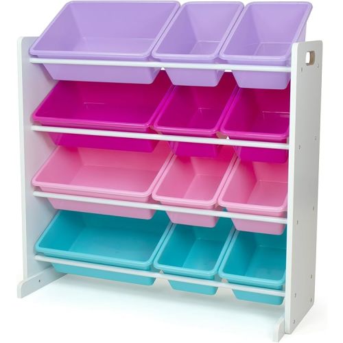 Humble Crew Toy Storage Organizer with 12 Removable Storage Bins for Kids Playroom, 4-Tier Toddler Toy Organization, White/Pink/Purple/Turquoise