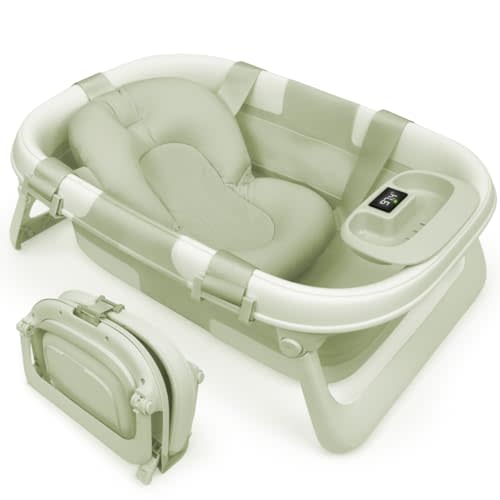 Jool Baby Fold ‘n Store Baby Bathtub – 3 Stage Collapsible Bather for Easy Storage, Portable for Travel – Built-in Thermometer (Sage)