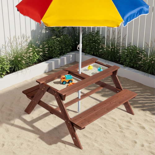 Zimtown 3-in-1 Kids Picnic Table Wooden Sand & Water Table with Umbrella & Play Boxes for Indoor Outdoor, Brown