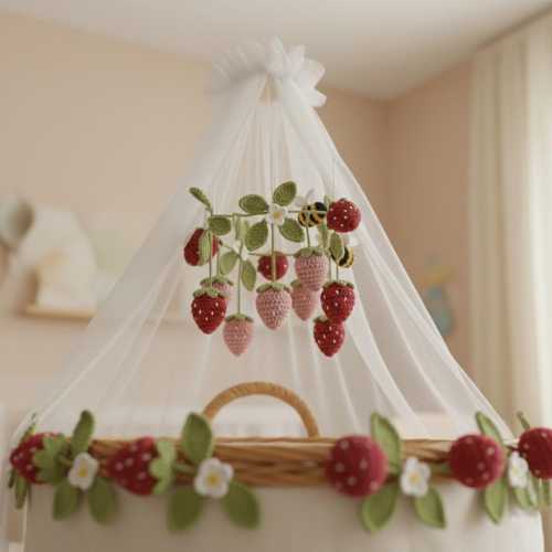 Crochet Strawberry Baby Mobile – Handmade Crib Mobile with Bees & Flowers, Strawberry Nursery Decor, Baby Shower Gift
