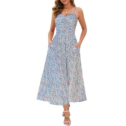 Annebouti Women 2025 Summer Fall Ruched Maxi Dress Adjustable Spaghetti Strap Floral Beach Long Sundress with Pockets