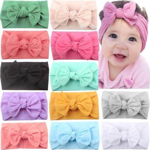 GoXteam 12 PCS Baby Headbands Soft Nylon Hairbands with Bows Girls Hair Accessories for Newborn Infant Toddler Kids Handmade