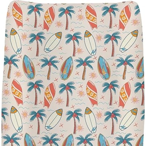 Retro Boho Surfing Changing Pad Covers for Baby Girls Boys Vintage Summer Surfboards Coconut Palm Trees Sun Fitted Change Table Pad Covers Mats Beach Life Soft Diaper Changing Pad Sheets 32''×16''
