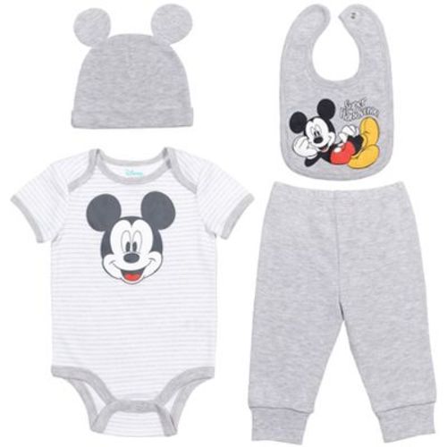 Disney Mickey Mouse Newborn Baby Boys Bodysuit, Pants, Bib And Hat 4 Piece Outfit Set White/gray 6-9 Months