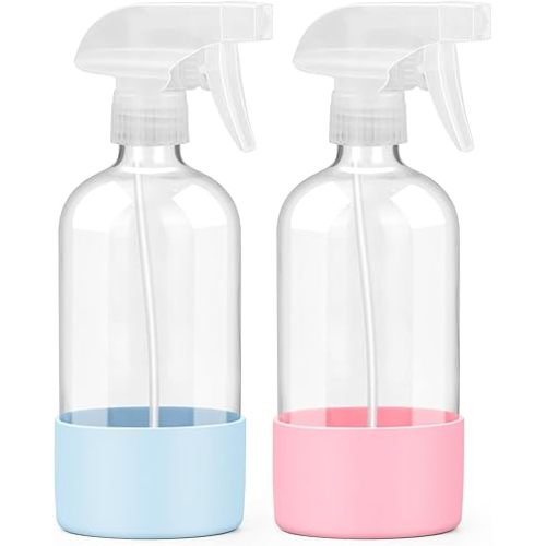 2 Pack Glass Spray Bottles with Silicone Sleeve, 16 oz Empty Refillable Containers with Adjustable Spray Nozzles, Spray Bottles for Hair, Cleaning Solutions and Plants Blue&Pink
