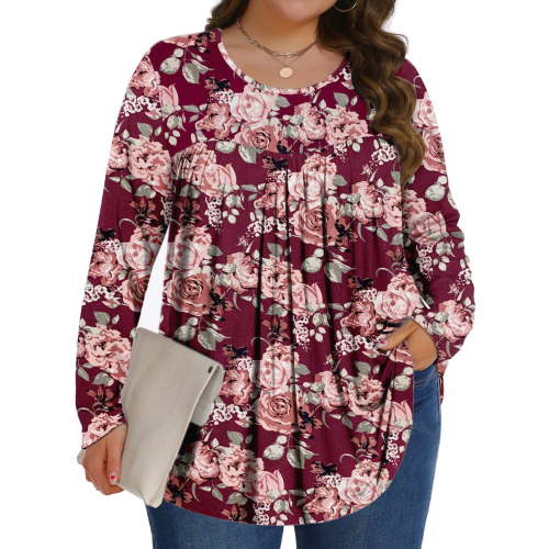 Fantaslook Womens Plus Size Tops Fall Long Sleeve Shirts Crew Neck Casual Loose Tunic Blouses