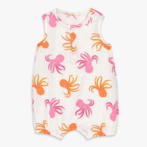 Baby cotton gauze bubble shortie in octopus pals - Ivory octopus / 0-3