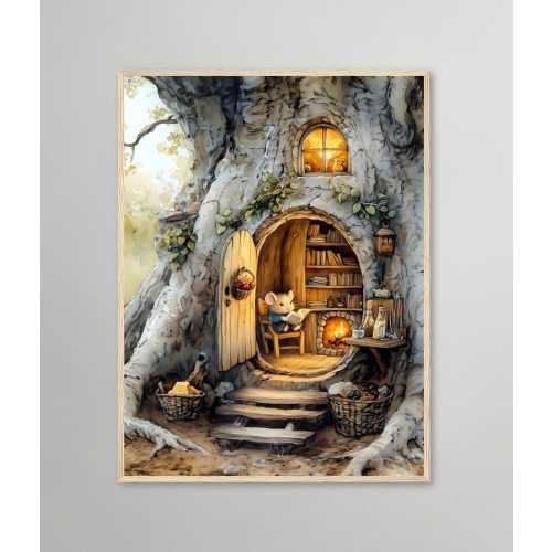 Whimsical Watercolor Mouse Reading in a Cozy Tree Hollow – Storybook Art Print