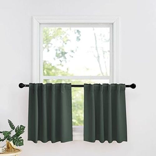 RYB HOME Short Blackout Curtains 36 inches Length for Cafe - Insualting Privacy Curtains for Kids Bedroom Kitchen Bathroom Basement Cabinet Tiers Drapes, 34 Width x 36 Length, 2 Panels, Dark Green