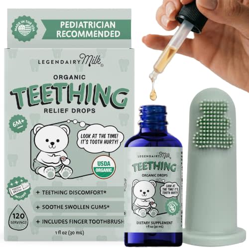 Legendairy Milk Organic Baby Teething Drops with Toothbrush, 120 Servings | Chamomile, Clove & Echinacea Blend to Help Soothe Painful and Swollen Gums During Teething for Babies 6+ Months, Sugar Free