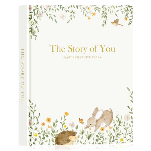 Lanpn Baby Memory Book for Boy Girl - The Story of You, Newborn Babys Book Keepsake Photo Album for New Parents, Leather Cover Baby First 5 Year Milestone Journal Scrapbook (154 Pages)