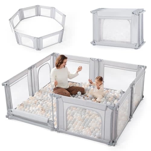 Sweeby Modular Baby Playpen, Customizable & Foldable Playpen for Babies and Toddlers with Easy Access Gate, Portable Indoor & Outdoor Play Yard, Adjustable Shape Kids Activity Center (79"x71", Grey)