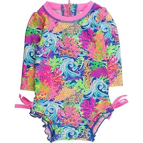 RuffleButts Baby Girls UPF 50+ Sun Protection Floral Printed Long Sleeve One Piece Rash Guard Swimsuit with Zipper