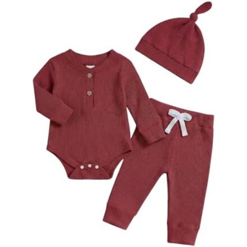 Newborn Baby Boy Clothes Long Sleeve Ribbed Bodysuit Pants Hat 3-Piece Outfit Set