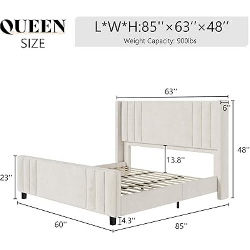AMERLIFE Queen Size Bed Frame, Velvet Upholstered Platform Bed with Vertical Channel Tufted Headboard & Footboard/Wingback, Mattress Foundation with Wood Slats, No Box Spring Needed, Cream