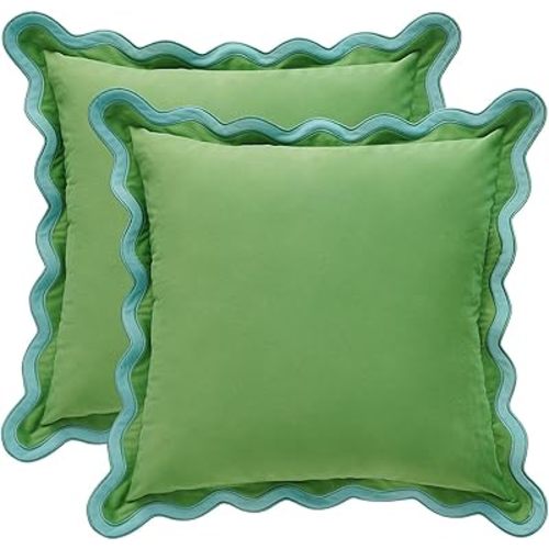 MONDAY MOOSE Decorative Throw Pillow Covers Cushion Cases, Set of 2 Soft Velvet Scalloped Wavy Edge Designs, Pillow Inserts Not Included (18x18 inch, Light Green/Light Blue)