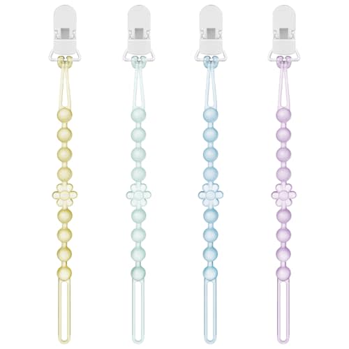 Iwooduubb Silicone Pacifier Clip Holder with One-Piece Beads, 4 Packs Soft Flexible and Rust-Free Binky Pacifiers Clips for Teething Relief Baby Essentials Accessories, Safe for Boy and Girl